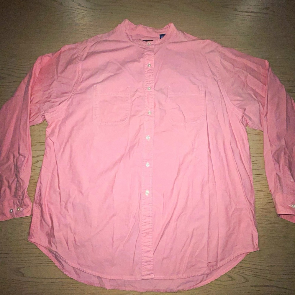 Lands End Vintage Pink Band Collar Cotton Button Down Shirt XL 18-20